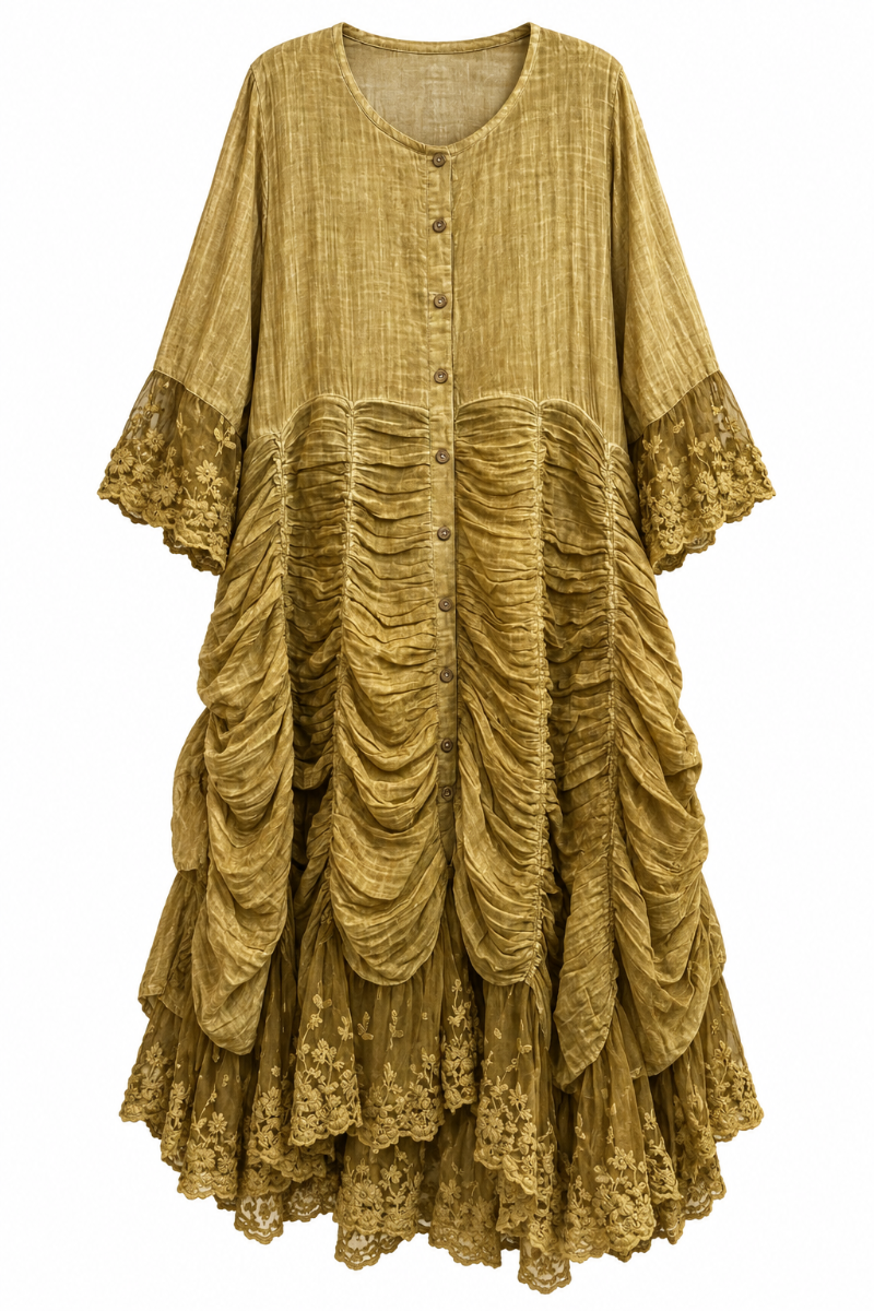 Trestles Clothing Company Victorian rusching maxi jacket in olive green with smocked texture and delicate lace trim.